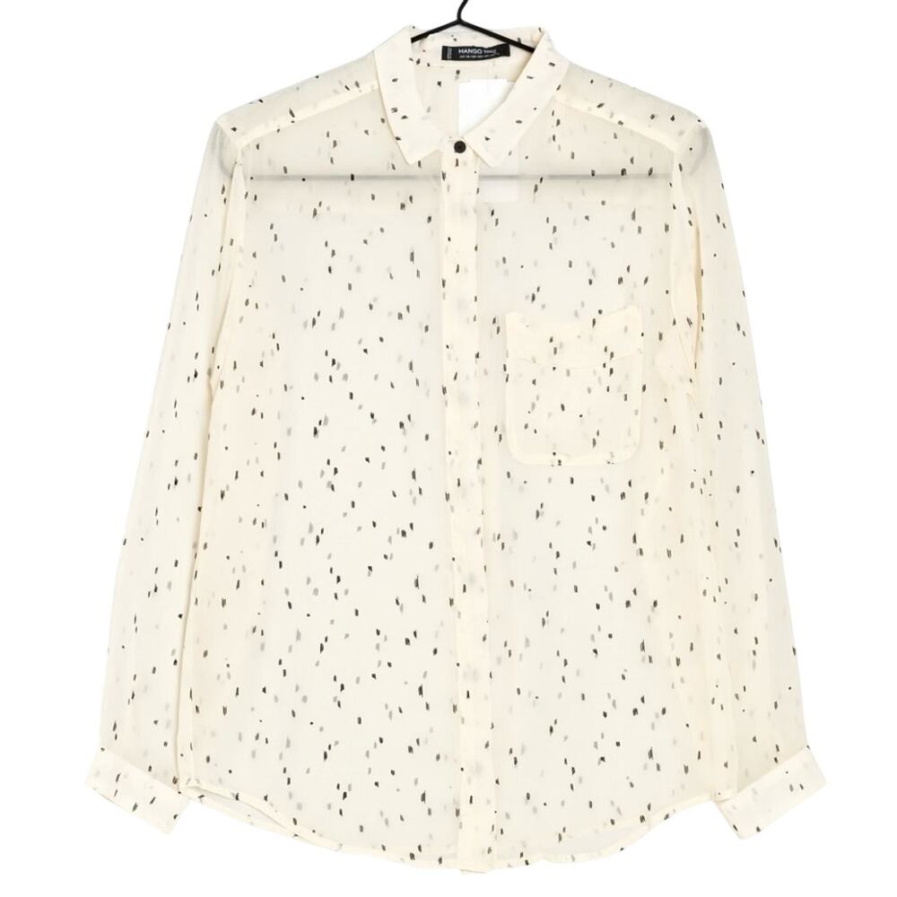 Mango Basics Sheer Button Up Blouse Cream Black Speckled Long Sleeve - XS
